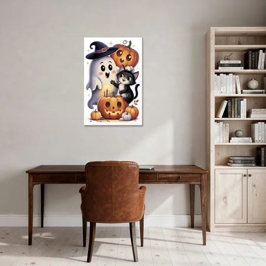 Whimsical Autumn Scene Cute Halloween - Canvas Wall Art - Office - 24x36