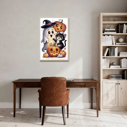 Whimsical Autumn Scene Cute Halloween - Oak Framed Canvas Wall Art - Office - 24x36