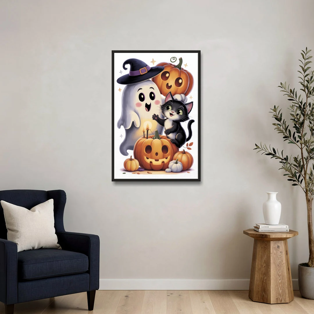 Whimsical Autumn Scene Cute Halloween - Black Framed Canvas Wall Art - Sofa - 24x36