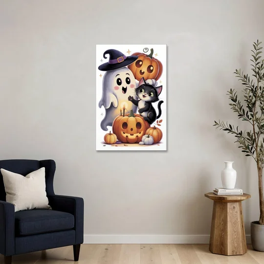 Whimsical Autumn Scene Cute Halloween - Canvas Wall Art - Sofa - 24x36