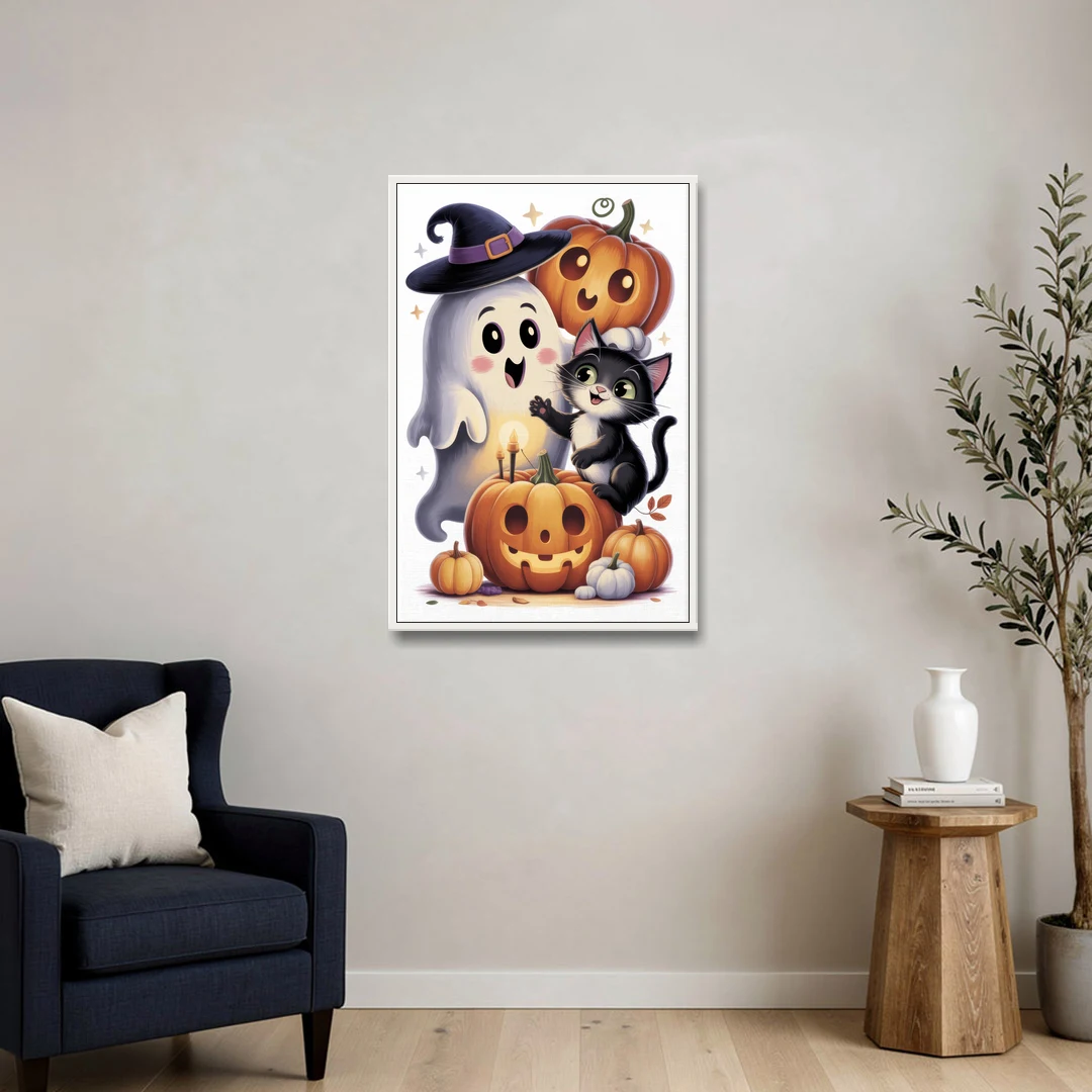 Whimsical Autumn Scene Cute Halloween - White Framed Canvas Wall Art - Sofa - 24x36