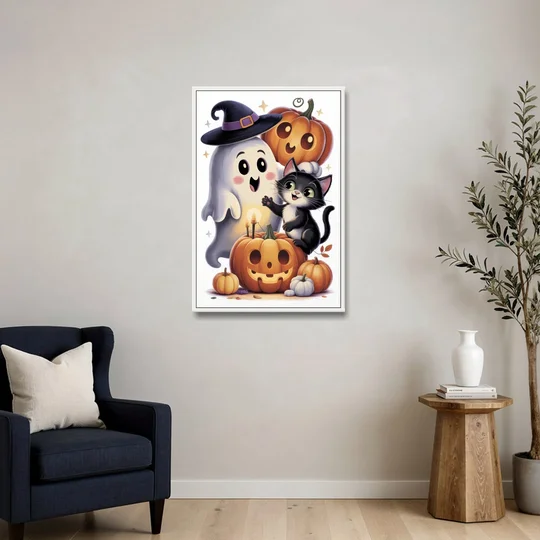 Whimsical Autumn Scene Cute Halloween - White Framed Canvas Wall Art - Sofa - 24x36