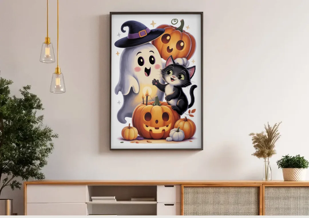 Whimsical Autumn Scene Cute Halloween canvas wall art above a wooden sideboard under pendant lights