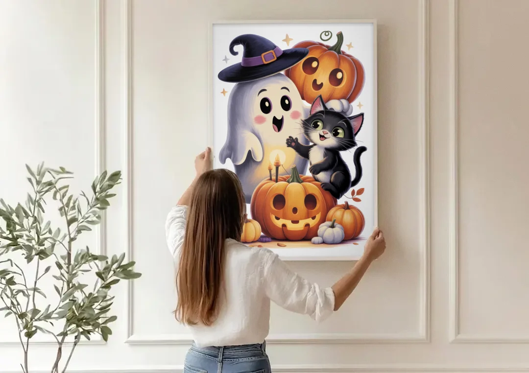 Whimsical Autumn Scene Cute Halloween canvas wall art being hung on a paneled wall