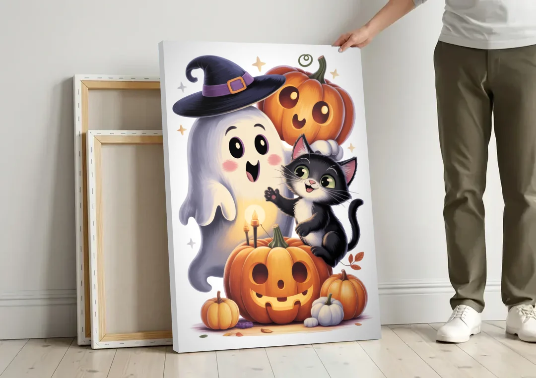 Whimsical Autumn Scene Cute Halloween canvas wall art leaning against a wall next to blank canvases