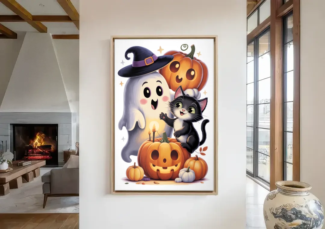 Whimsical Autumn Scene Cute Halloween canvas wall art in a living room with a fireplace