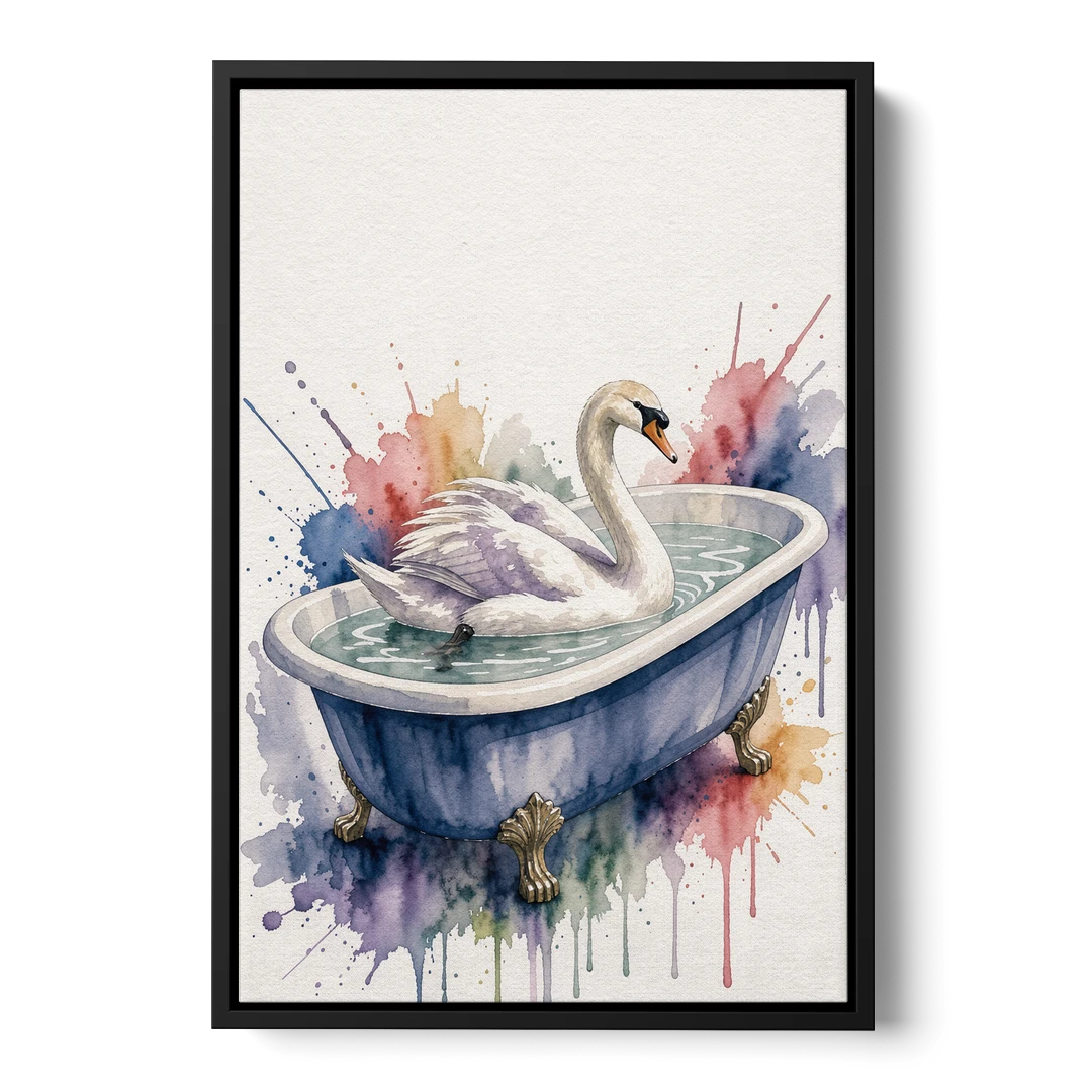 Whimsical Bathroom Art Swan on a Private Pond - Black Framed Canvas Wall Art - Front