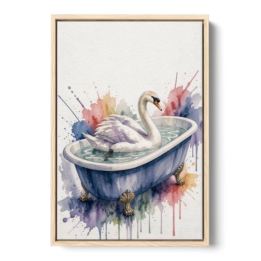 Whimsical Bathroom Art Swan on a Private Pond - Oak Framed Canvas Wall Art - Front
