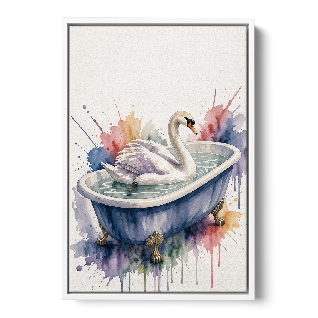 Whimsical Bathroom Art Swan on a Private Pond - White Framed Canvas Wall Art - Front