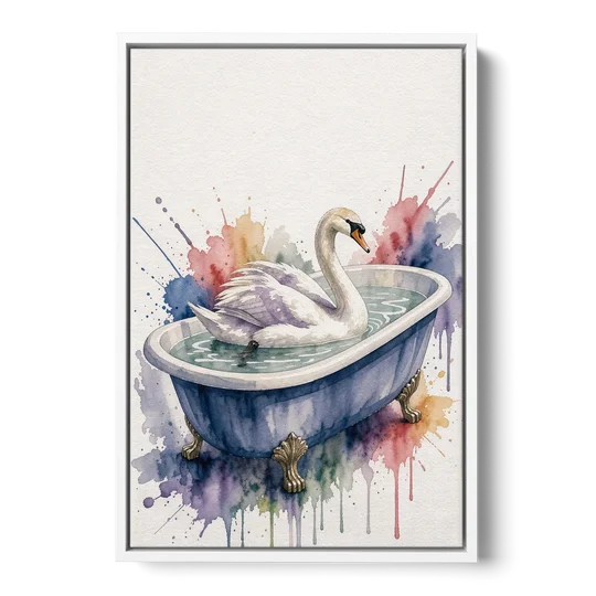 Whimsical Bathroom Art Swan on a Private Pond - White Framed Canvas Wall Art - Front