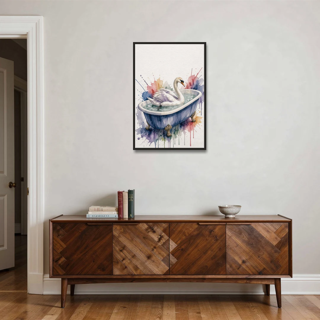 Whimsical Bathroom Art Swan on a Private Pond - Black Framed Canvas Wall Art - Coffee Table - 24x36