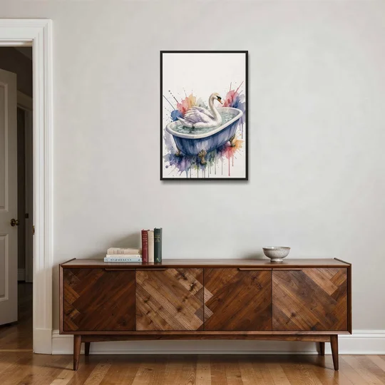 Whimsical Bathroom Art Swan on a Private Pond - Black Framed Canvas Wall Art - Coffee Table - 24x36