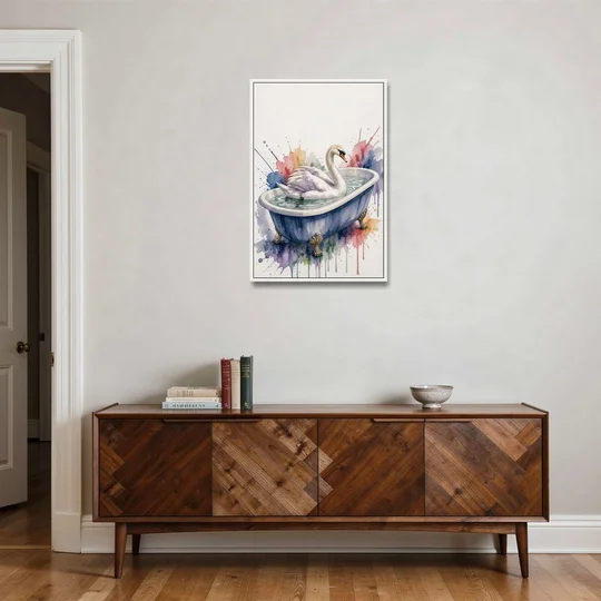 Whimsical Bathroom Art Swan on a Private Pond - White Framed Canvas Wall Art - Coffee Table - 24x36