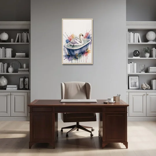 Whimsical Bathroom Art Swan on a Private Pond - Oak Framed Canvas Wall Art - Office - 24x36