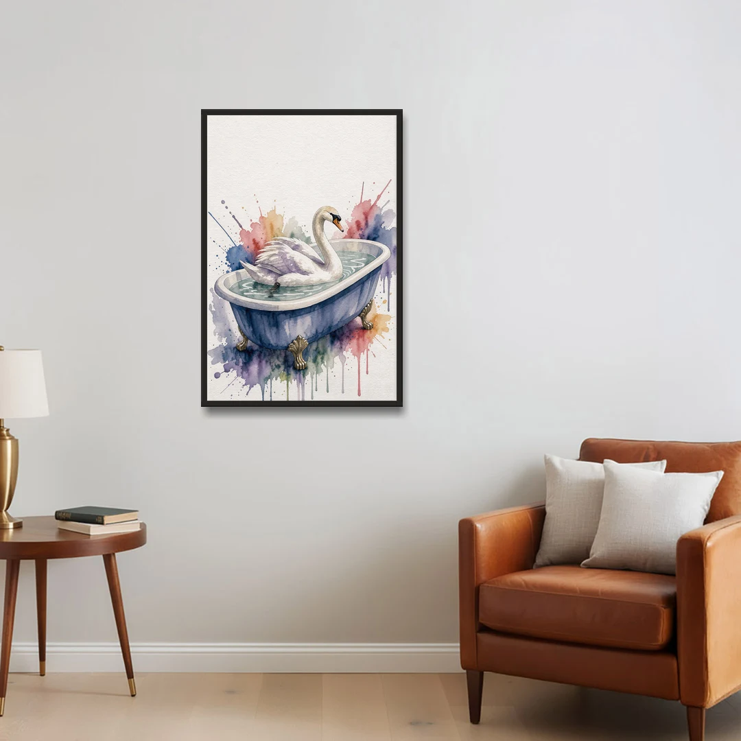 Whimsical Bathroom Art Swan on a Private Pond - Black Framed Canvas Wall Art - Sofa - 24x36
