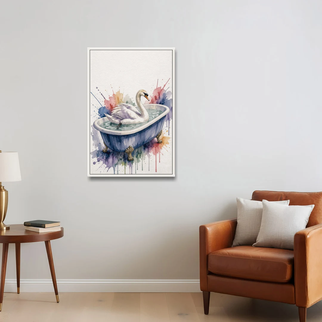 Whimsical Bathroom Art Swan on a Private Pond - White Framed Canvas Wall Art - Sofa - 24x36