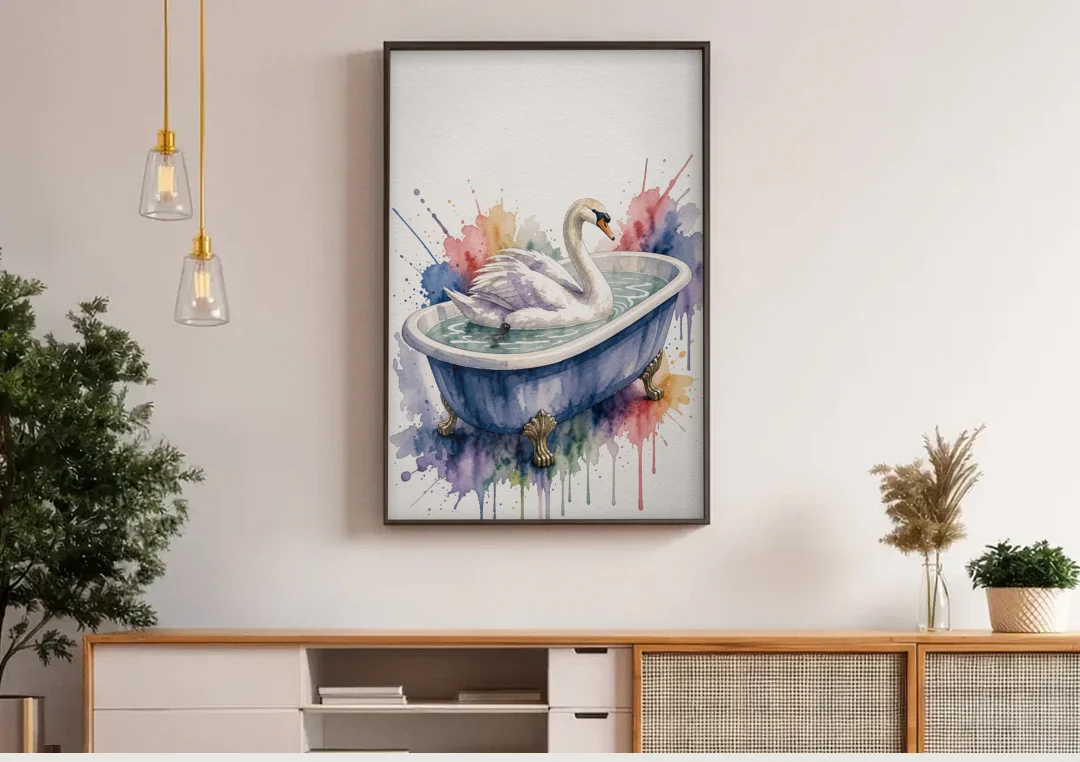 Whimsical Bathroom Art Swan on a Private Pond canvas wall art above a wooden sideboard under pendant lights