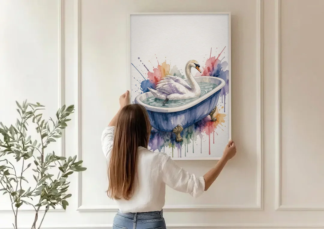 Whimsical Bathroom Art Swan on a Private Pond canvas wall art being hung on a paneled wall