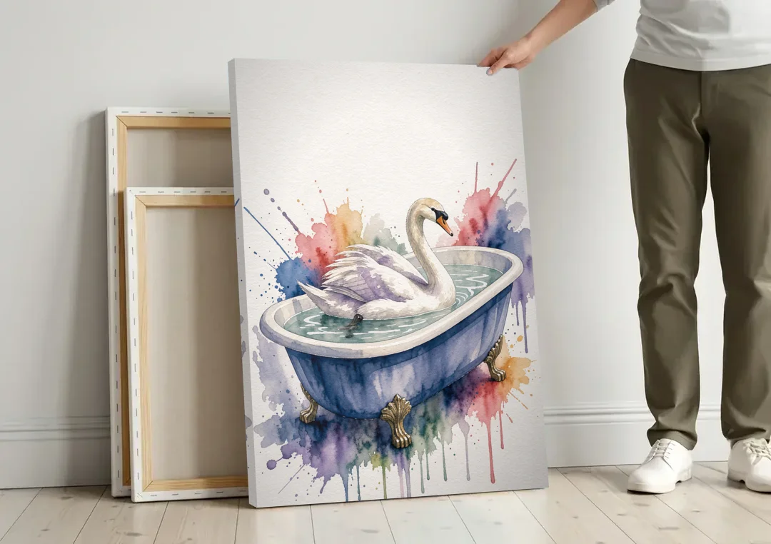 Whimsical Bathroom Art Swan on a Private Pond canvas wall art leaning against a wall next to blank canvases