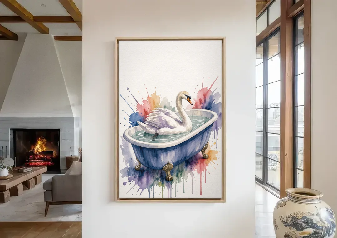 Whimsical Bathroom Art Swan on a Private Pond canvas wall art in a living room with a fireplace