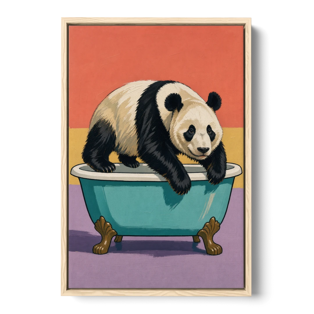 Whimsical Bathroom Wall Art of a Lounging Panda - Oak Framed Canvas Wall Art - Front