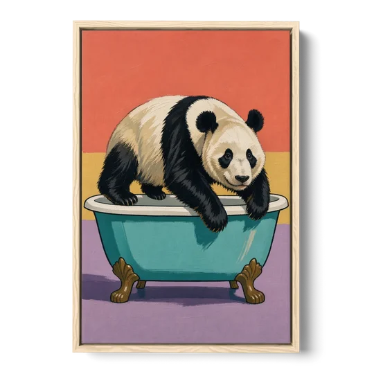 Whimsical Bathroom Wall Art of a Lounging Panda - Oak Framed Canvas Wall Art - Front