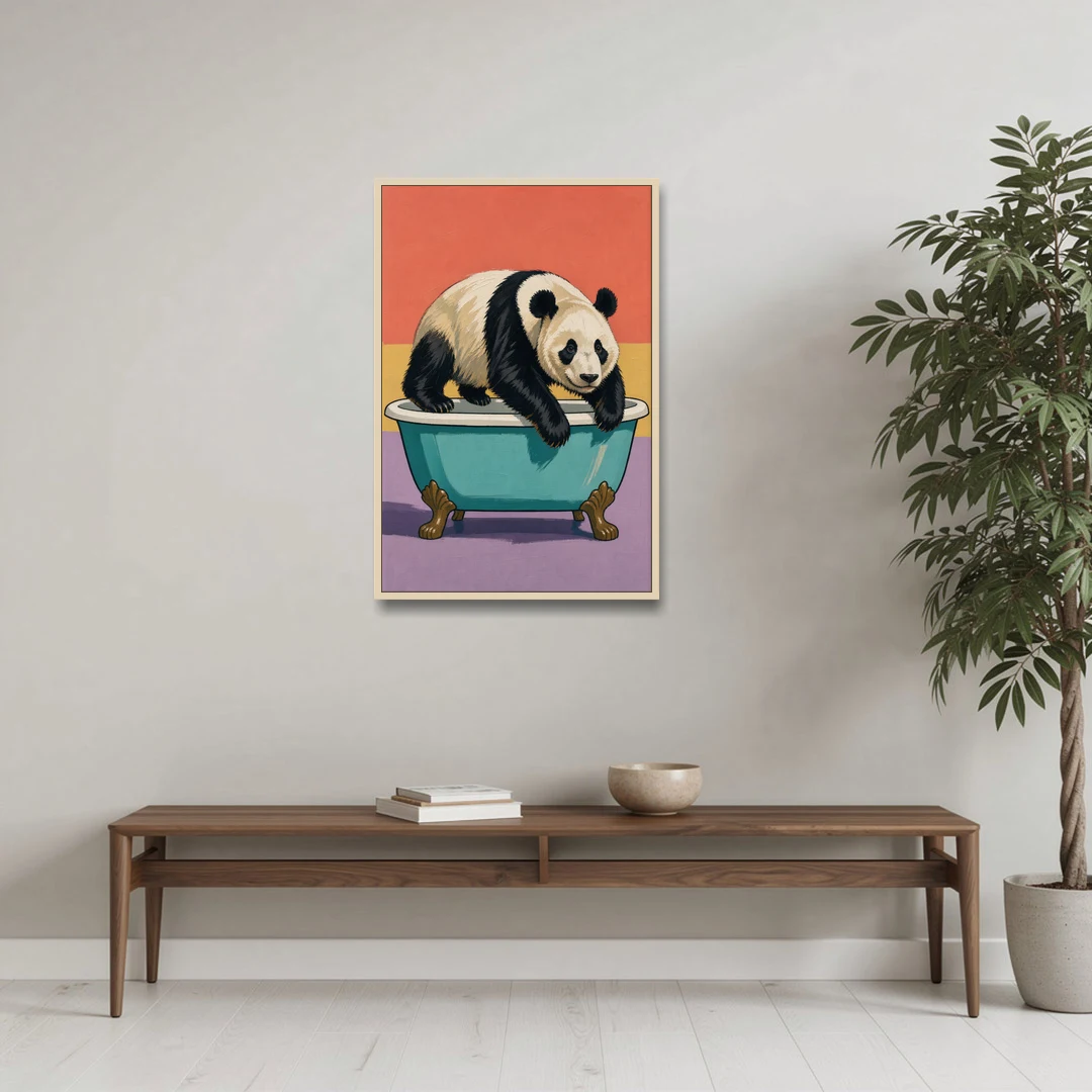 Whimsical Bathroom Wall Art of a Lounging Panda - Oak Framed Canvas Wall Art - Coffee Table - 24x36