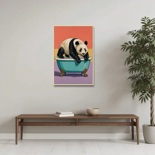 Whimsical Bathroom Wall Art of a Lounging Panda - Oak Framed Canvas Wall Art - Coffee Table - 24x36