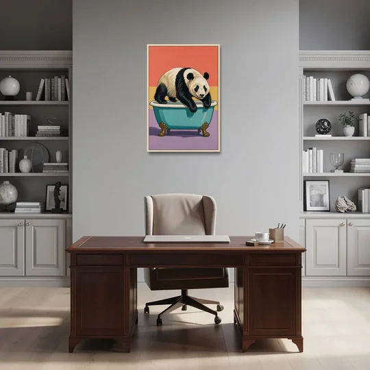 Whimsical Bathroom Wall Art of a Lounging Panda - Oak Framed Canvas Wall Art - Office - 24x36