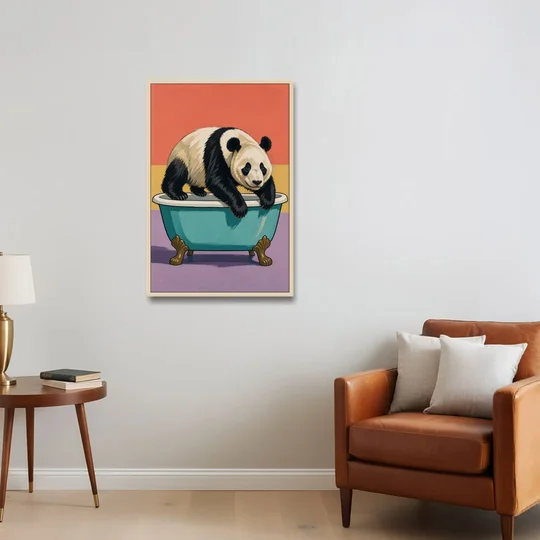 Whimsical Bathroom Wall Art of a Lounging Panda - Oak Framed Canvas Wall Art - Sofa - 24x36