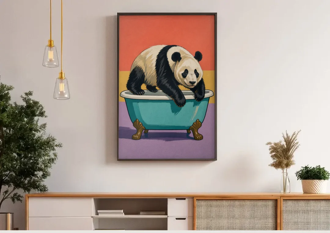 Whimsical Bathroom Wall Art of a Lounging Panda canvas wall art above a wooden sideboard under pendant lights