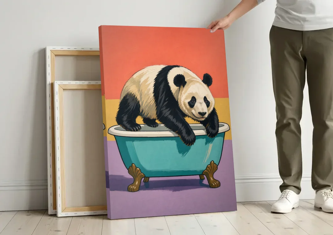 Whimsical Bathroom Wall Art of a Lounging Panda canvas wall art leaning against a wall next to blank canvases