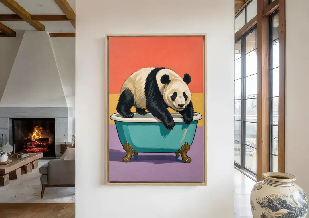 Whimsical Bathroom Wall Art of a Lounging Panda canvas wall art in a living room with a fireplace
