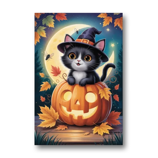 Whimsical Black Cat Cute Halloween - Canvas Wall Art - Front