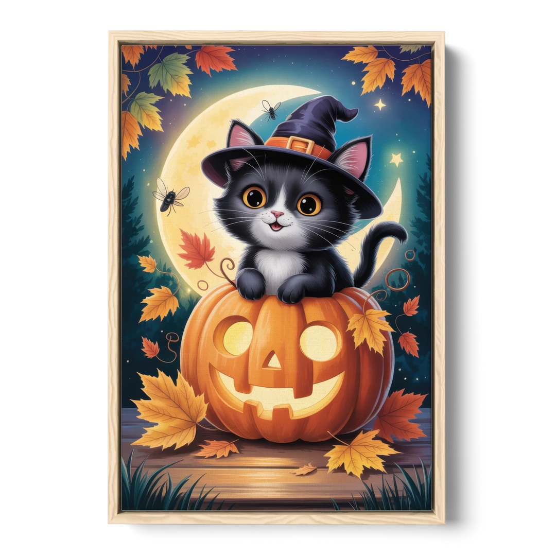 Whimsical Black Cat Cute Halloween - Oak Framed Canvas Wall Art - Front