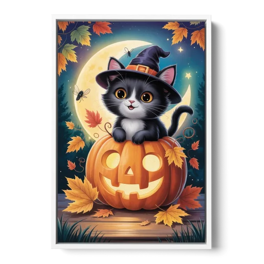 Whimsical Black Cat Cute Halloween - White Framed Canvas Wall Art - Front
