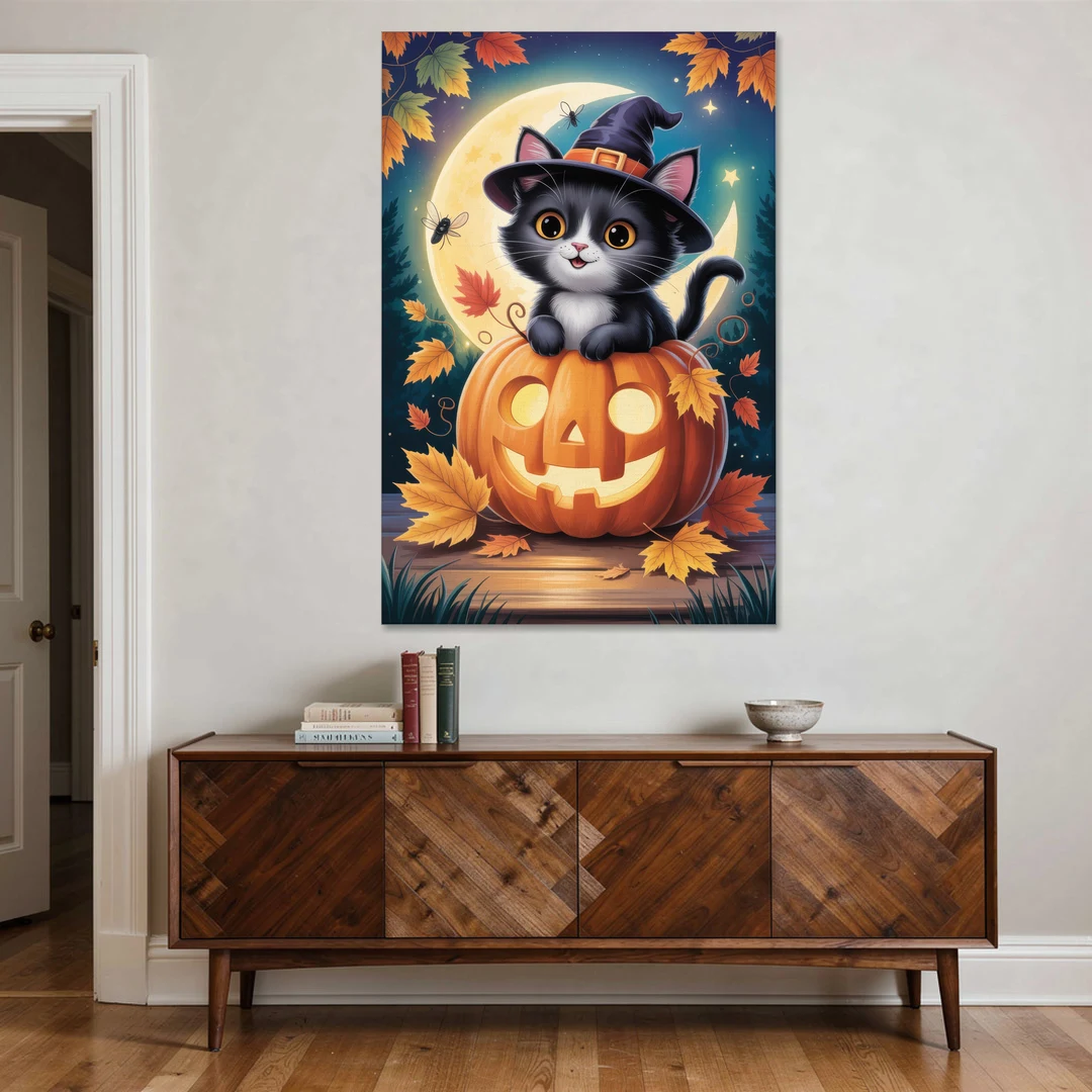 Whimsical Black Cat Cute Halloween - Canvas Wall Art - Coffee Table - 40x60