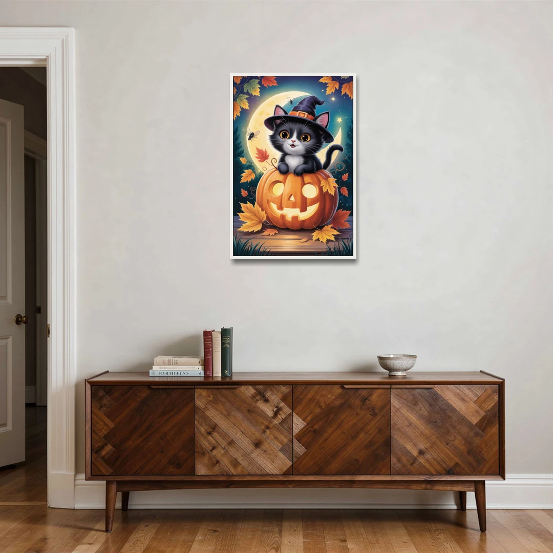 Whimsical Black Cat Cute Halloween - White Framed Canvas Wall Art - Coffee Table - 24x36