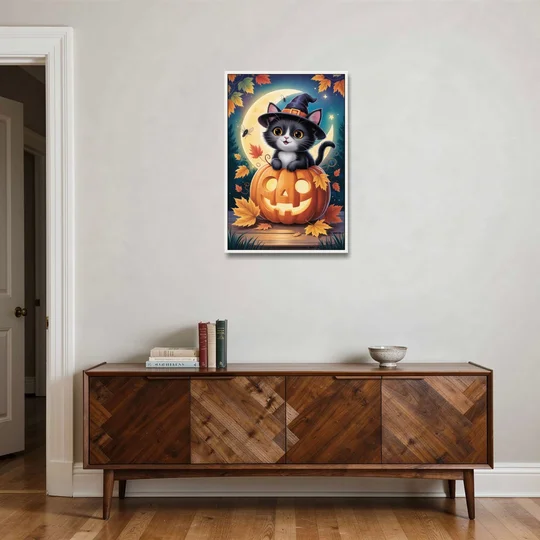 Whimsical Black Cat Cute Halloween - White Framed Canvas Wall Art - Coffee Table - 24x36