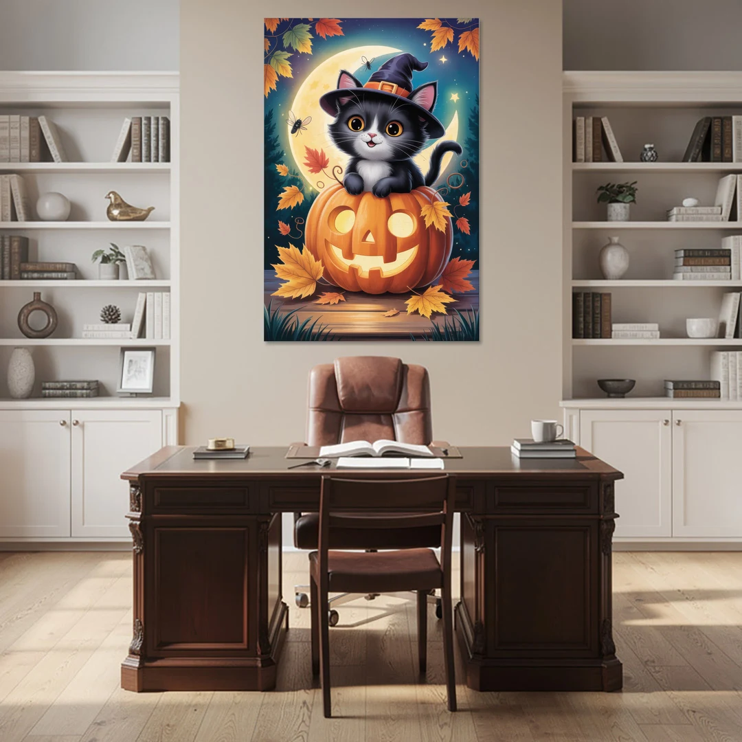 Whimsical Black Cat Cute Halloween - Canvas Wall Art - Office - 40x60