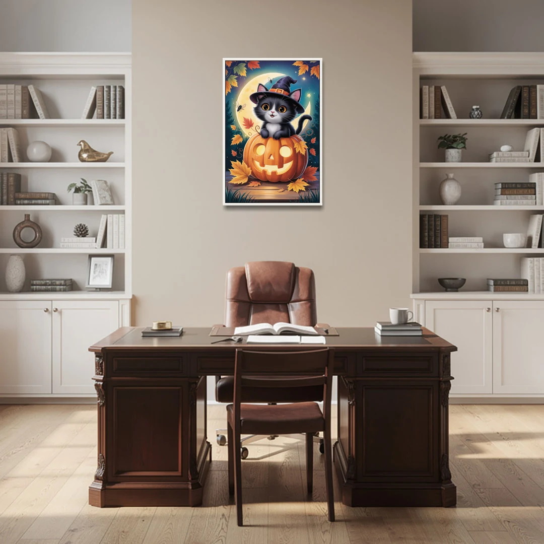 Whimsical Black Cat Cute Halloween - White Framed Canvas Wall Art - Office - 24x36