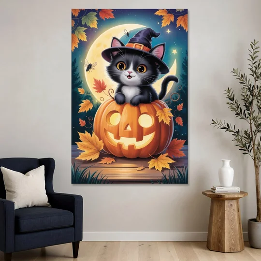 Whimsical Black Cat Cute Halloween - Canvas Wall Art - Sofa - 40x60