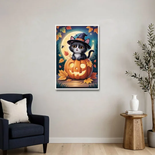 Whimsical Black Cat Cute Halloween - White Framed Canvas Wall Art - Sofa - 24x36