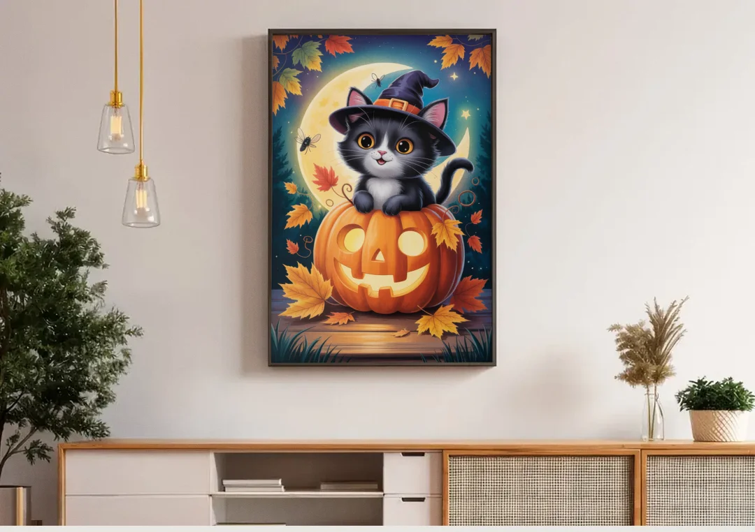 Whimsical Black Cat Cute Halloween canvas wall art above a wooden sideboard under pendant lights