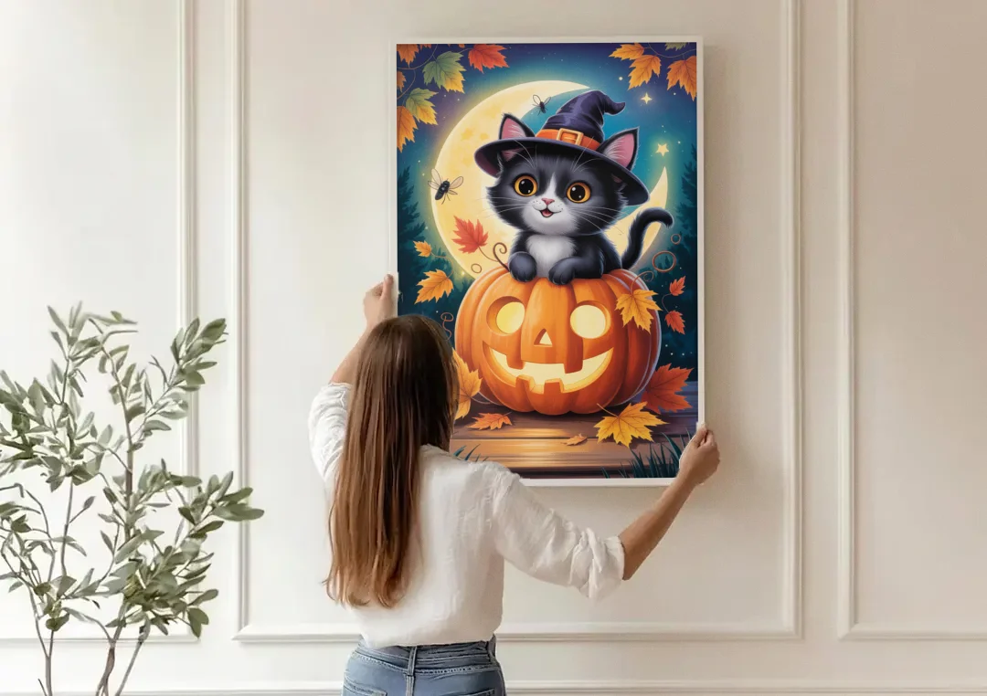 Whimsical Black Cat Cute Halloween canvas wall art being hung on a paneled wall