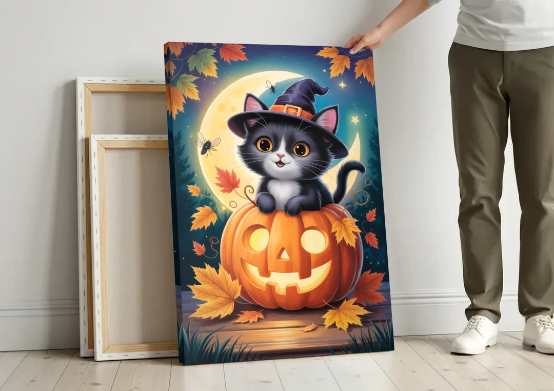 Whimsical Black Cat Cute Halloween canvas wall art leaning against a wall next to blank canvases