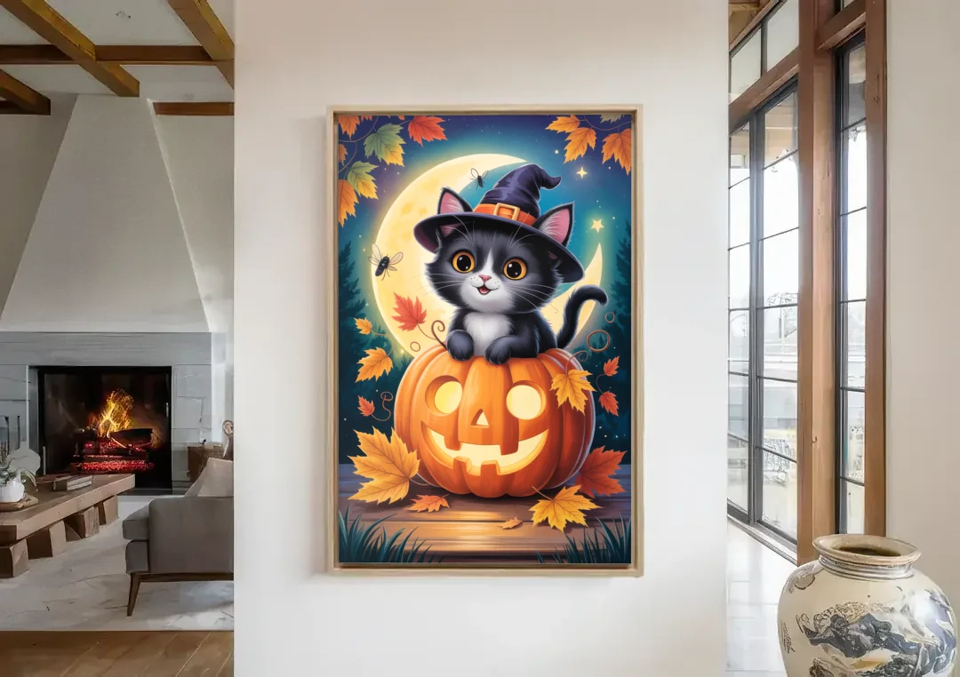 Whimsical Black Cat Cute Halloween canvas wall art in a living room with a fireplace