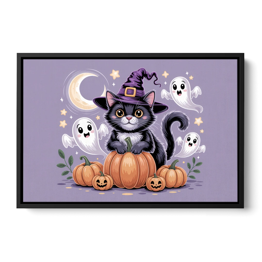 Whimsical Cat and Pumpkin Cute Halloween - Black Framed Canvas Wall Art - Front
