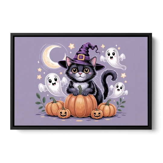 Whimsical Cat and Pumpkin Cute Halloween - Black Framed Canvas Wall Art - Front