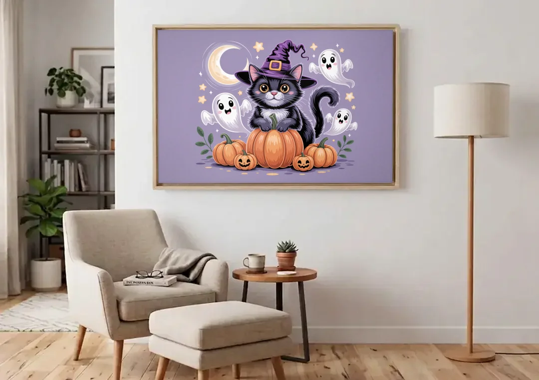 Whimsical Cat and Pumpkin Cute Halloween canvas wall art above an armchair in a bright living room